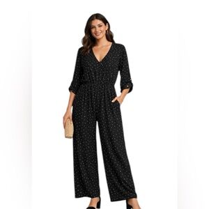 WRAPPER Black Polka Dot Jumpsuit 3/4 Sleeve V-Neck Size XL